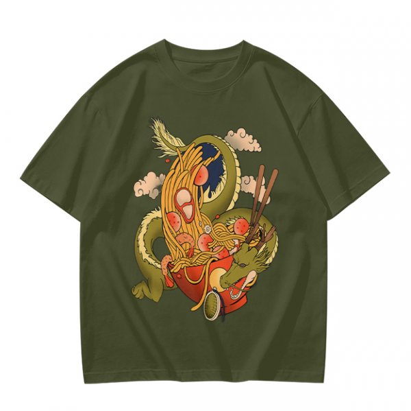 Olive T-Shirt With Japanese Ramen Dragon Artwork