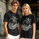 Olive T-shirt with skeleton relaxing in coffee cup graphic