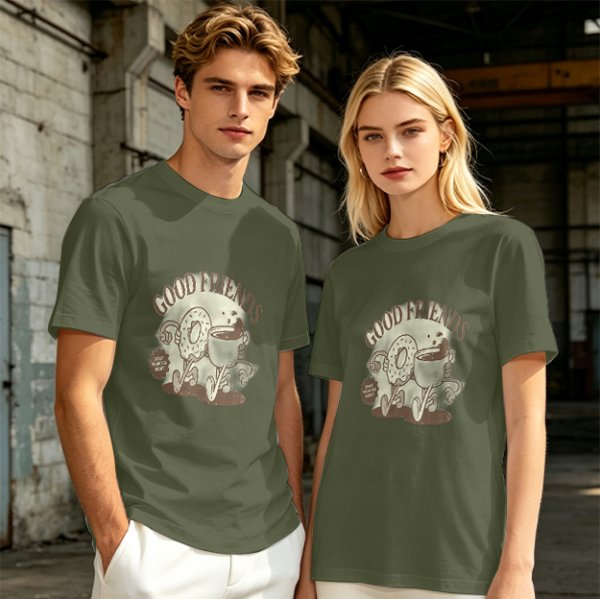 Olive green graphic t-shirt with good friends donut and coffee print