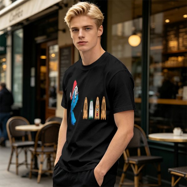 Olive T-Shirt With Blue Monster And Ghost Graphic Print
