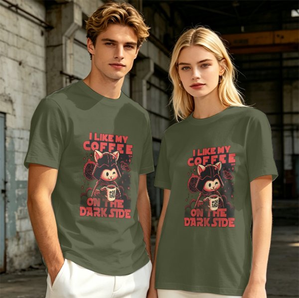 Olive T-Shirt with Cat Darth Vader 'I Like My Coffee On The Dark Side' Print