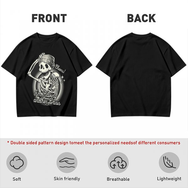 Olive t-shirt with skeleton graphic and 'Cheers! I'm Having Another Crisis' text