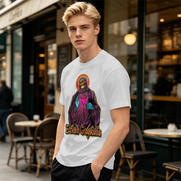 Olive t-shirt with skeleton religious graphic and Ecclesia Grayskullis text