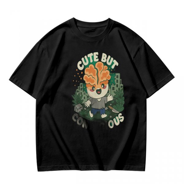 Olive t-shirt with cute brain character and 'Cute But Ous' print