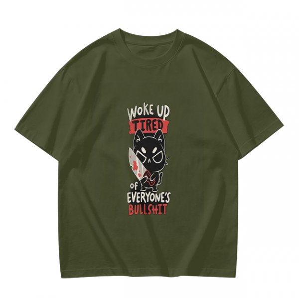 Olive Graphic T-Shirt With Tired Cat Holding Knife Slogan