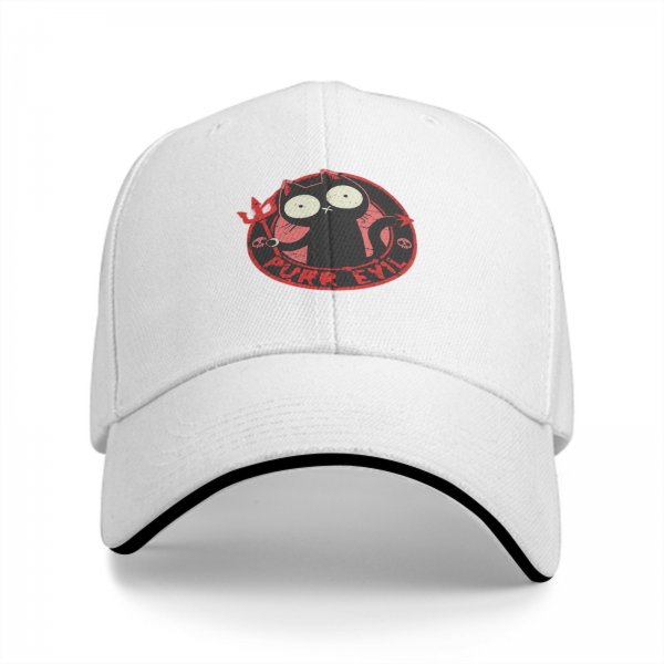 Black baseball cap with devil cat 'Purr Evil' graphic print