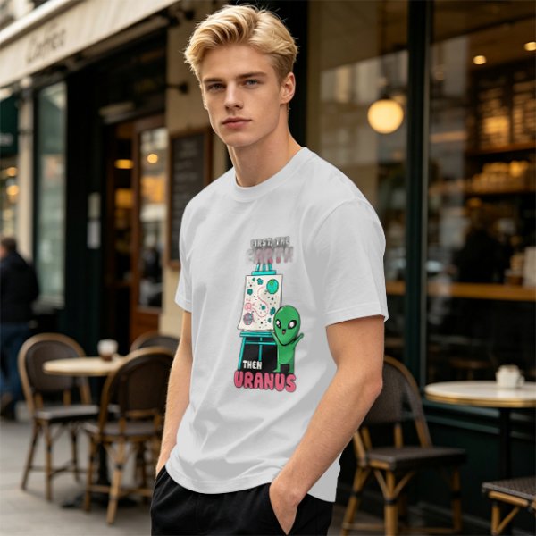 Olive green graphic tee with alien painting 'First the Earth Then Uranus'