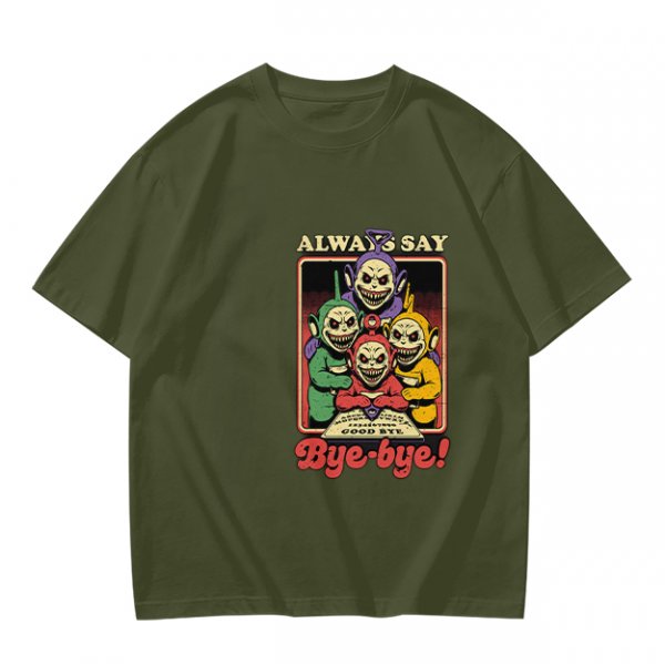 Olive t-shirt with creepy Teletubbies 'Always Say Bye-bye' print