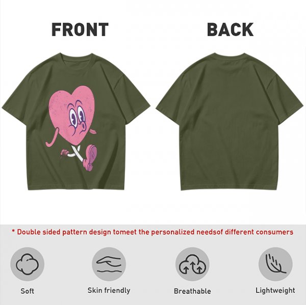 Oversized Olive T-Shirt with Retro Walking Pink Heart Cartoon Graphic
