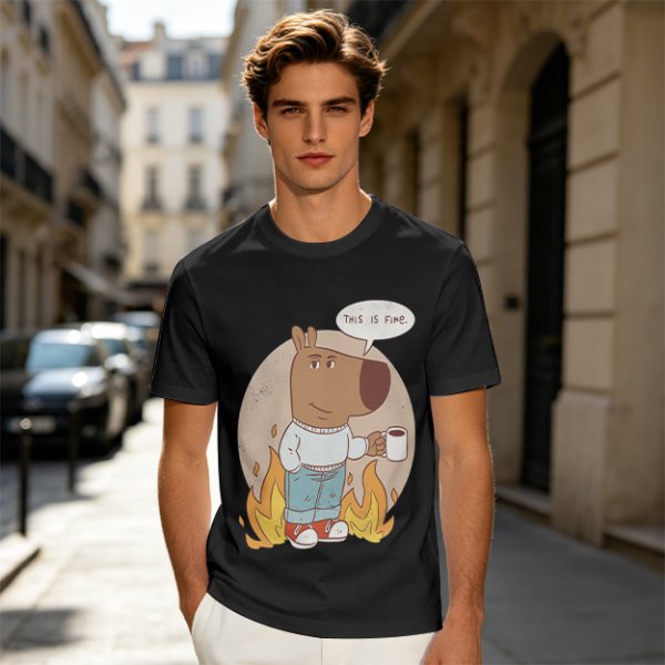 Olive T-Shirt Featuring the 'This Is Fine' Dog Meme Art