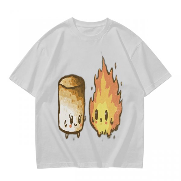 Olive T-Shirt With Cute Roasted Marshmallow And Fire Graphic