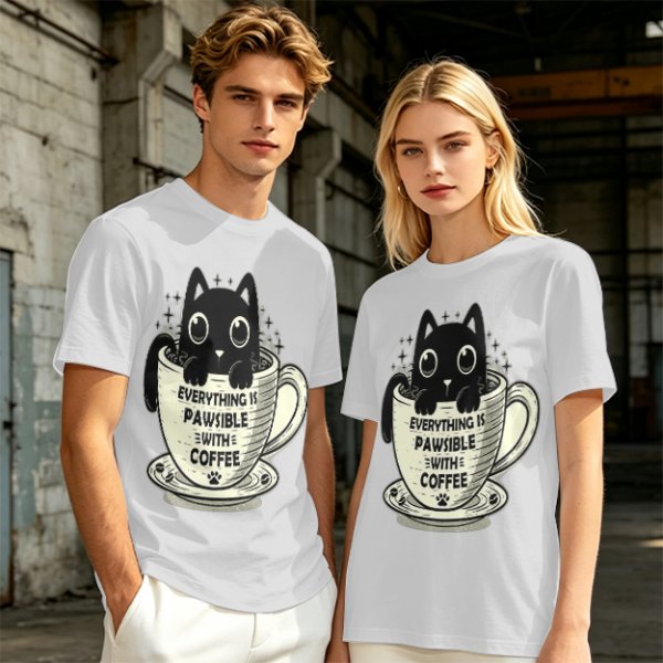 Olive T-Shirt With Black Cat In Coffee Cup 'Everything Is Pawsible With Coffee' Print