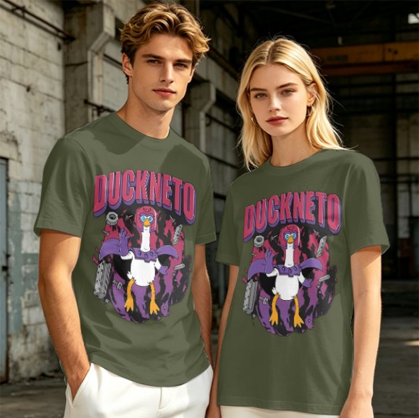 Olive Graphic T-Shirt Featuring Duckneto Superhero Duck Art