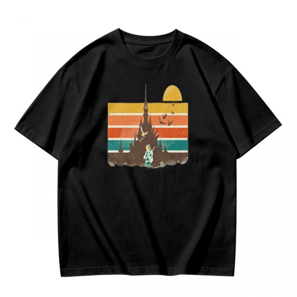 Olive T-Shirt With Retro Sunset Fantasy Castle Graphic