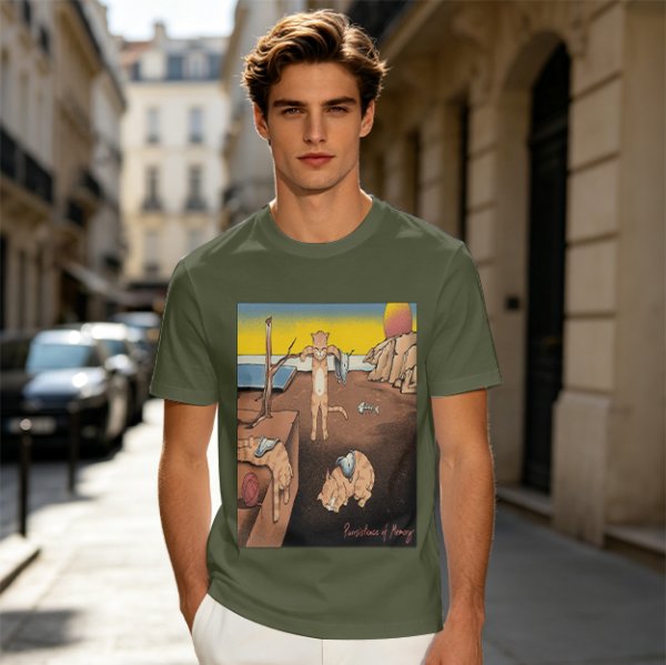 Olive T-Shirt With Surreal Cat Art Print