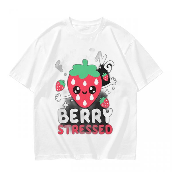 Olive graphic t-shirt with crying strawberry and 'berry stressed' text