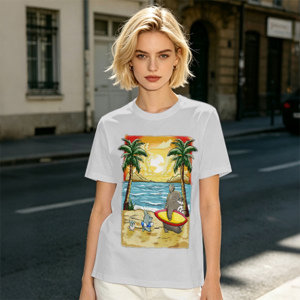 Olive T-Shirt with Beach Scene Print Featuring Totoro and Friends