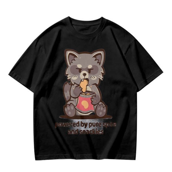Olive t-shirt with a raccoon eating snacks and 'powered by pure spite and snackies' text