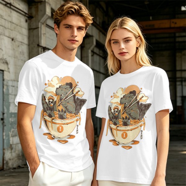 Olive T-Shirt Featuring Godzilla Eating Ramen Noodles