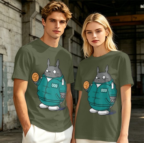 Totoro in Squid Game tracksuit holding umbrella honeycomb cookie t-shirt