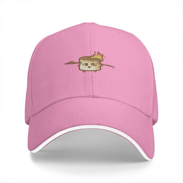 Black baseball cap with cute burning marshmallow graphic