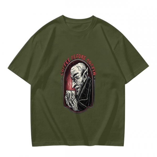 Olive T-Shirt with Vampire Coffee Before Coffin Graphic Print