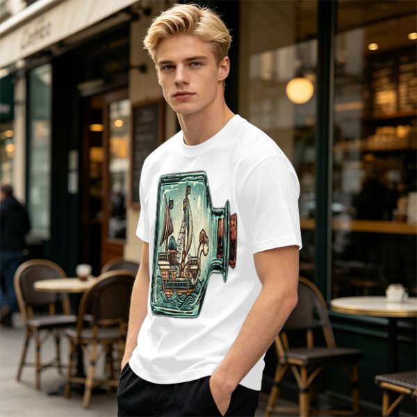 Olive T-Shirt With Pirate Ship In Glass Jar Artwork