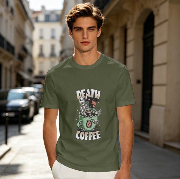 Oversized Army Green T-Shirt With 'Death By Coffee' Skeleton Print
