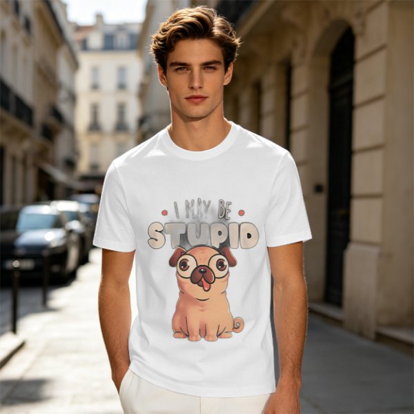 Olive T-Shirt With Funny Pug Graphic And 'I May Be Stupid' Text