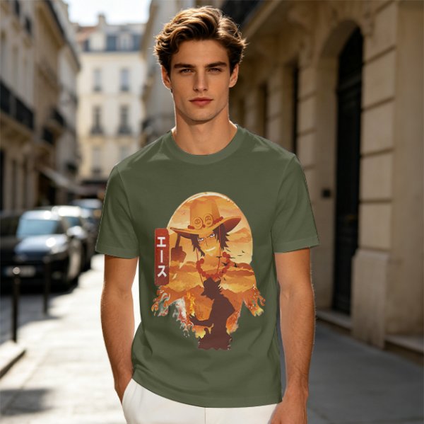 One Piece Portgas D. Ace Graphic Olive T-Shirt