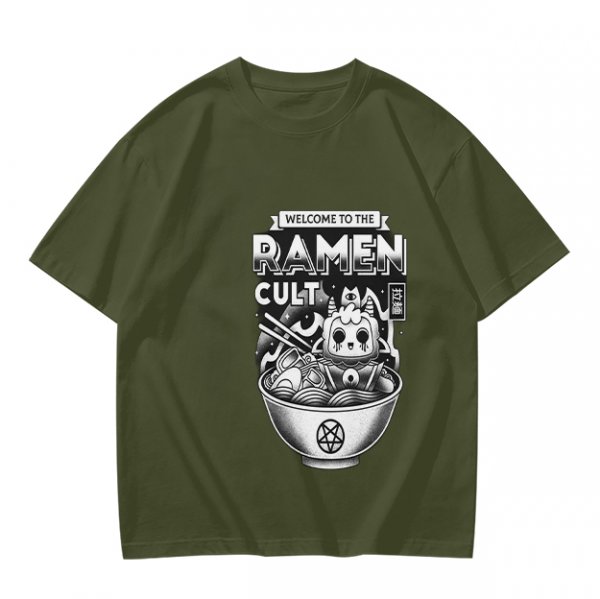 Olive Graphic T-Shirt Featuring Welcome To The Ramen Cult Art