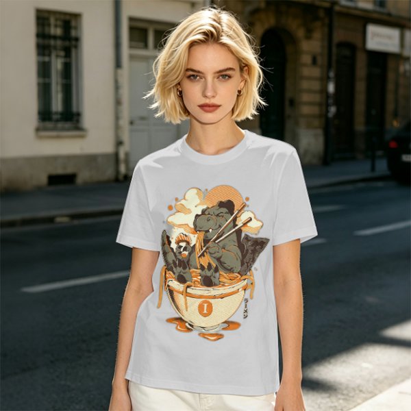Olive T-Shirt Featuring Godzilla Eating Ramen Noodles