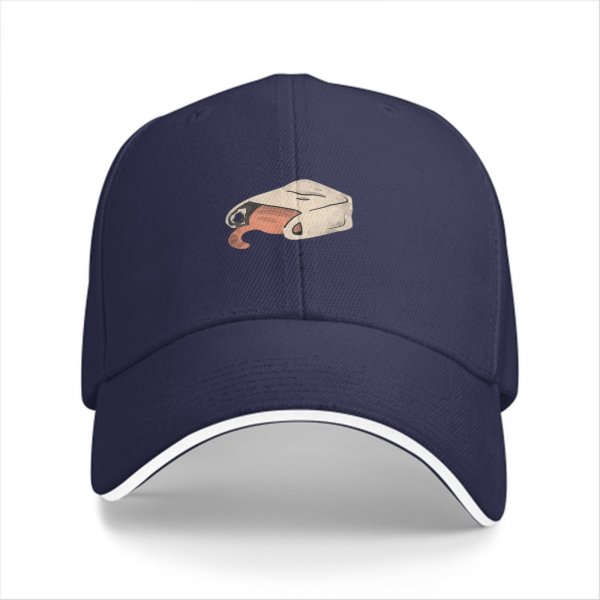 Black baseball cap with a cat peeking out of a blanket graphic