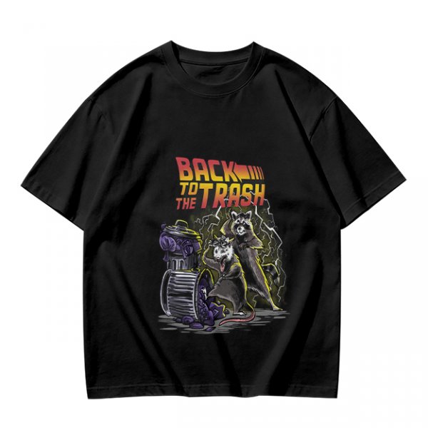 Olive graphic t-shirt with Back to the Trash raccoon design