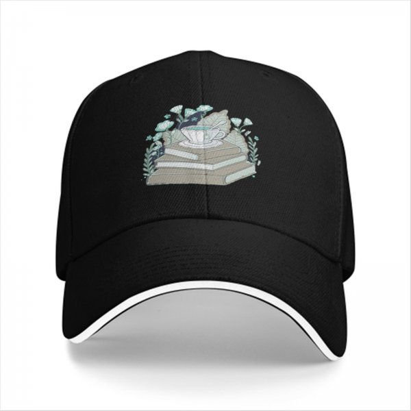 Black baseball cap with teacup on books and botanical print