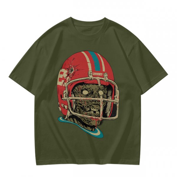 Olive T-Shirt with Zombie Football Player Helmet Graphic