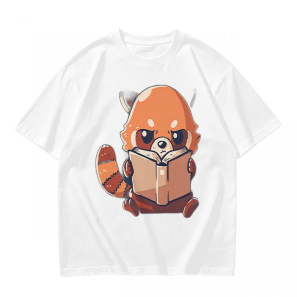 Olive T-Shirt with Cute Red Panda Reading Book Graphic