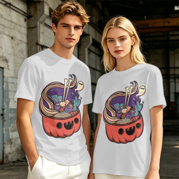 Halloween pumpkin ramen bowl with cute monster graphic t-shirt