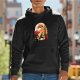 Black hoodie with anime character and floral graphic print
