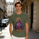 Olive t-shirt with skeleton religious graphic and Ecclesia Grayskullis text