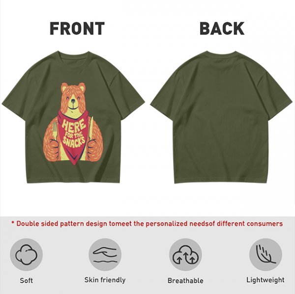 Olive T-Shirt With Happy Bear Holding Fork And Knife Here For Snacks Print