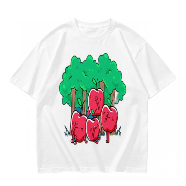 Olive T-Shirt With Cartoon Anthropomorphic Apples In Forest Print