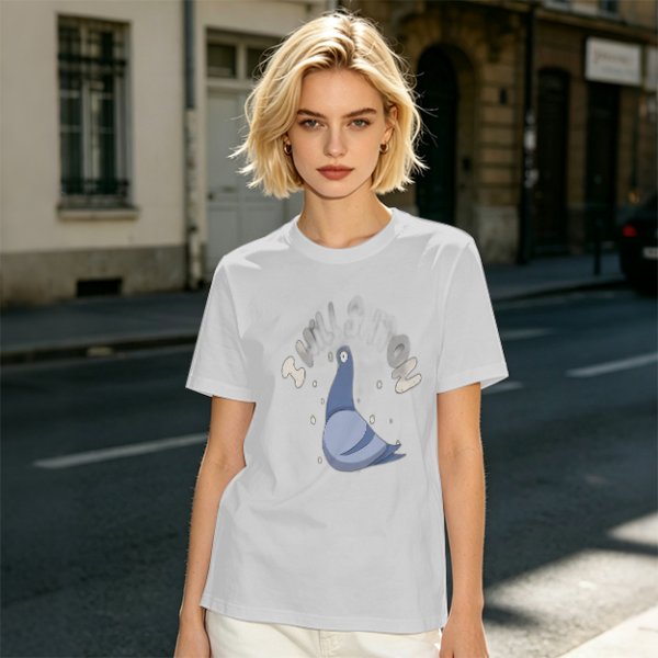 Olive green graphic t-shirt with cartoon pigeon print