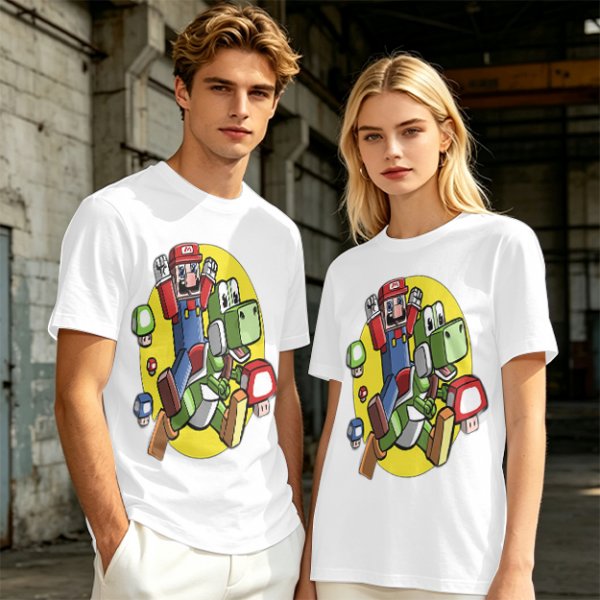Olive T-shirt with Block Style Mario Riding Yoshi and Mushroom Graphics