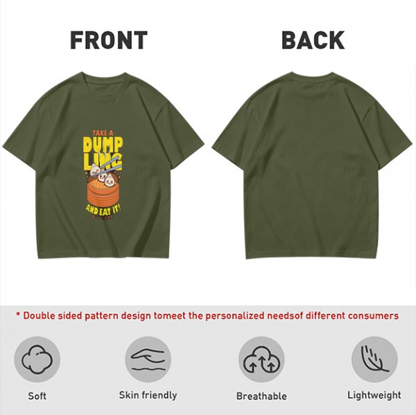 Olive green graphic t-shirt with dumpling pun and steamer illustration
