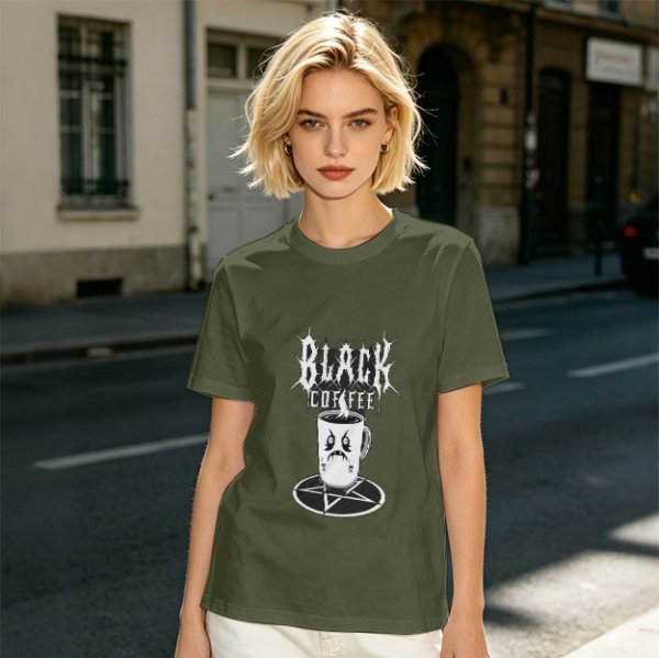 Olive t-shirt with Black Coffee gothic angry cup pentagram print