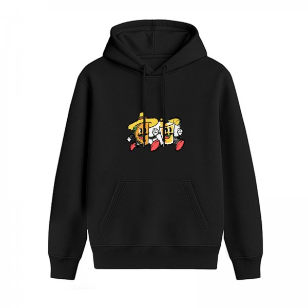 Black hoodie with retro cartoon taco and drink graphic