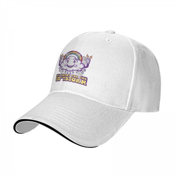Black baseball cap with funny cloud rainbow storm graphic