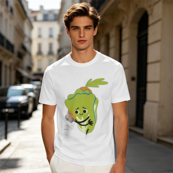 Olive Green T-Shirt With Sad Cartoon Cabbage Graphic