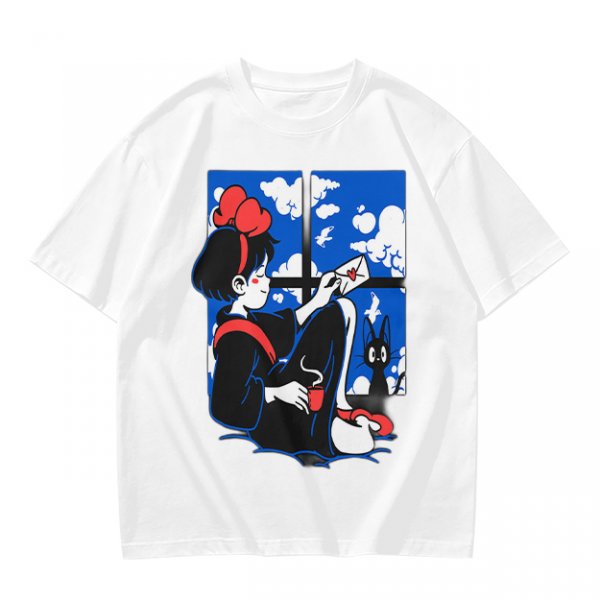 Olive t-shirt with Kiki's Delivery Service window print of girl reading letter